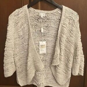 TSE Women’s Sweater Cardigan White Taupe Large Chunky Weave Silk Nylon Crop $495
